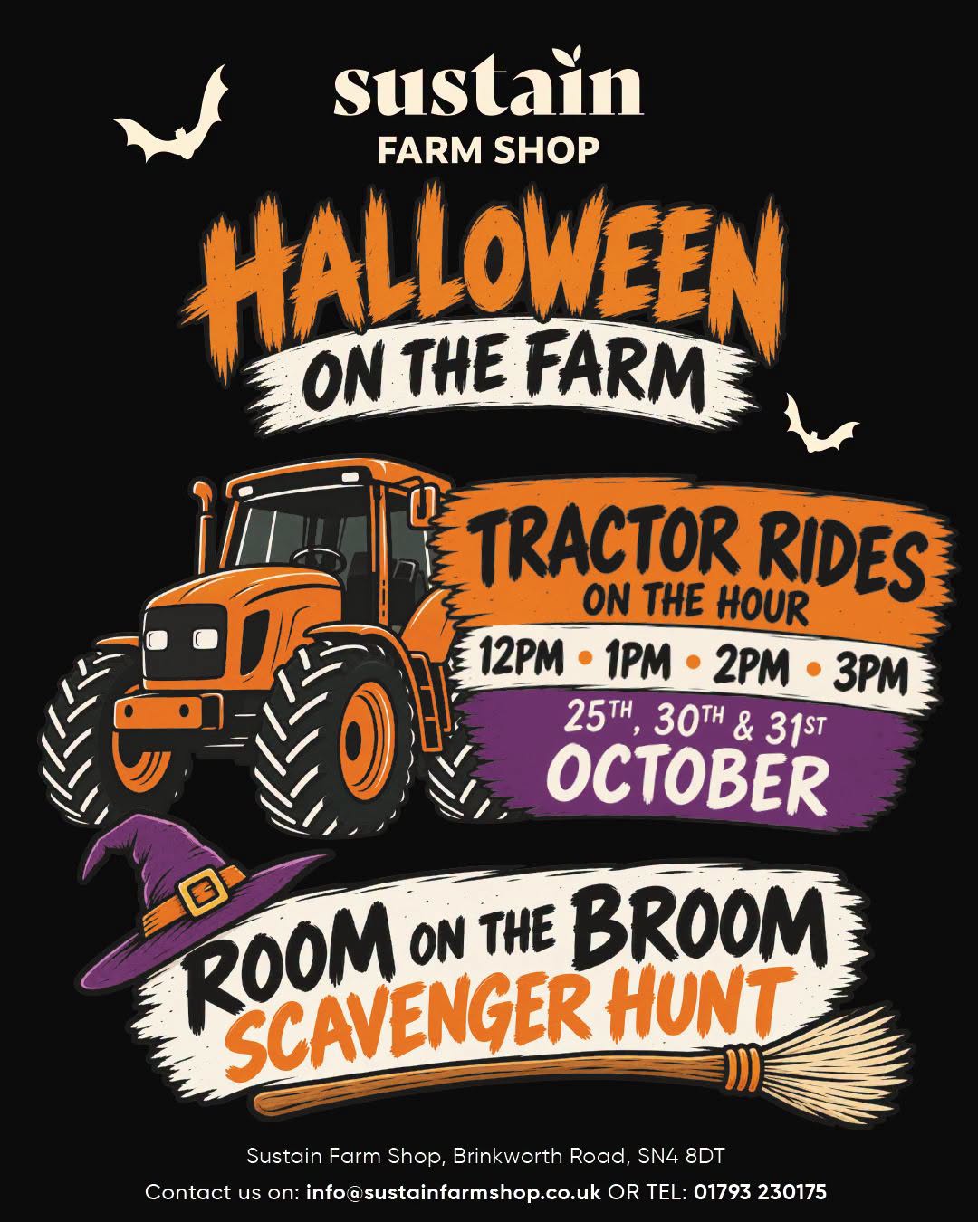 Halloween on the Farm at Sustain Farm Shop – tractor rides and Room on the Broom scavenger hunt